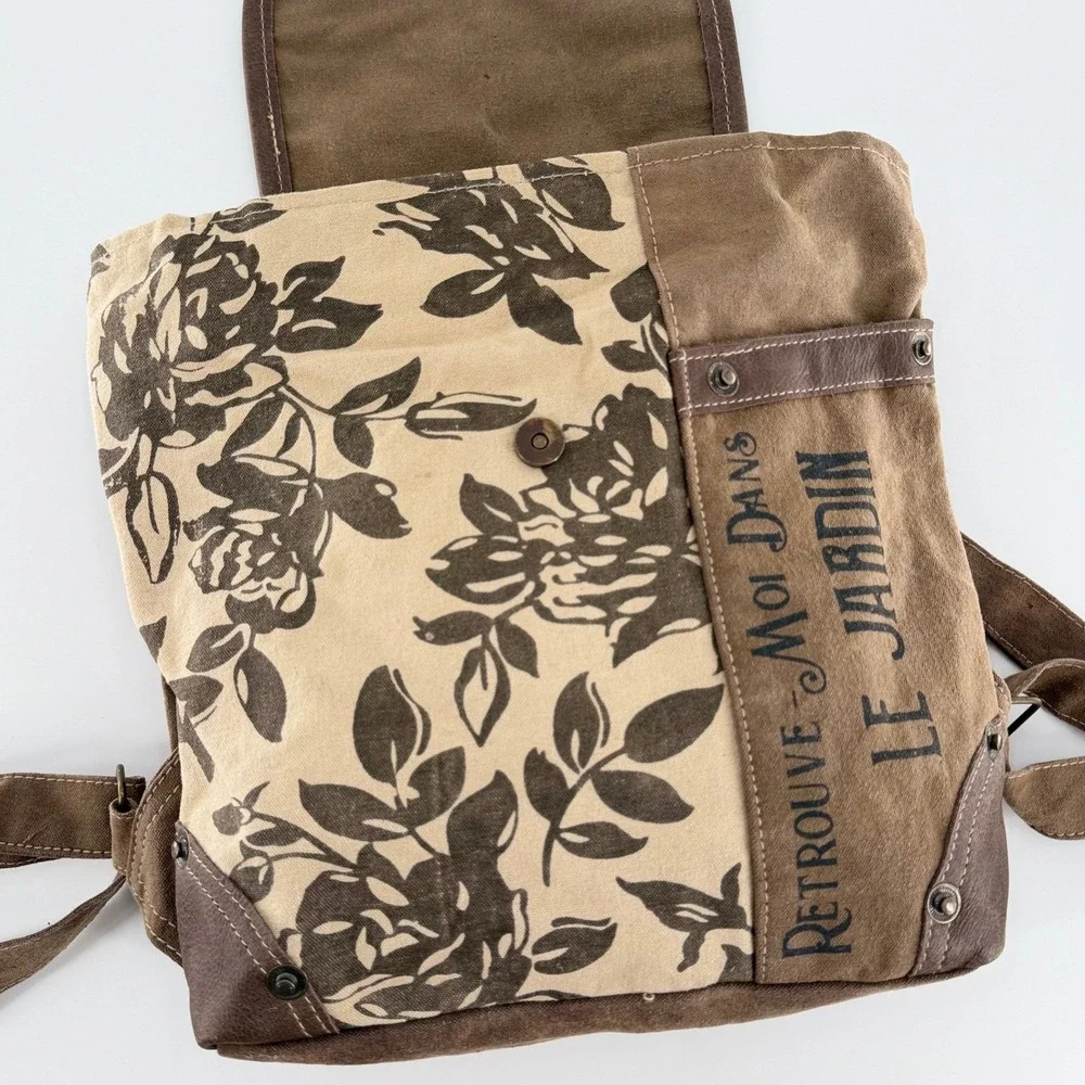 CLEA RAY Le Jardin Floral Canvas Leather Backpack Purse Upcycled Brown